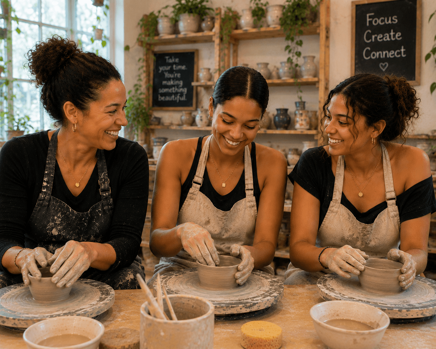 Three friends laughing together while shaping clay at a pottery class