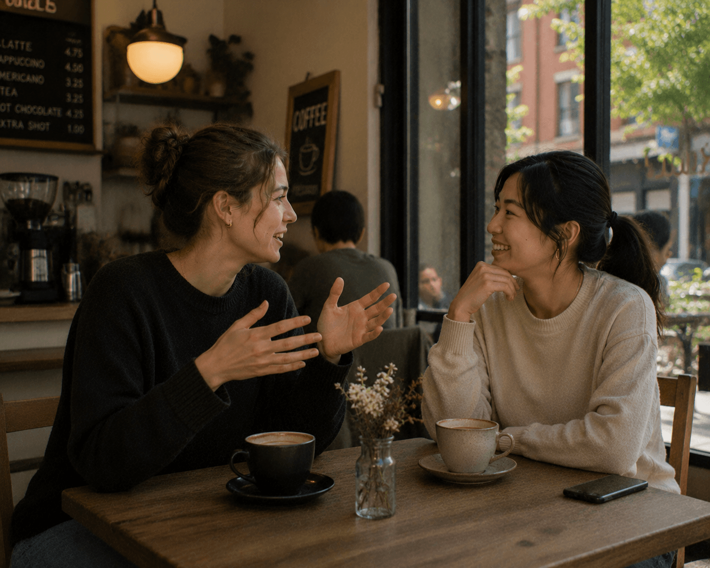 Two friends in conversation over coffee at a neighbourhood café