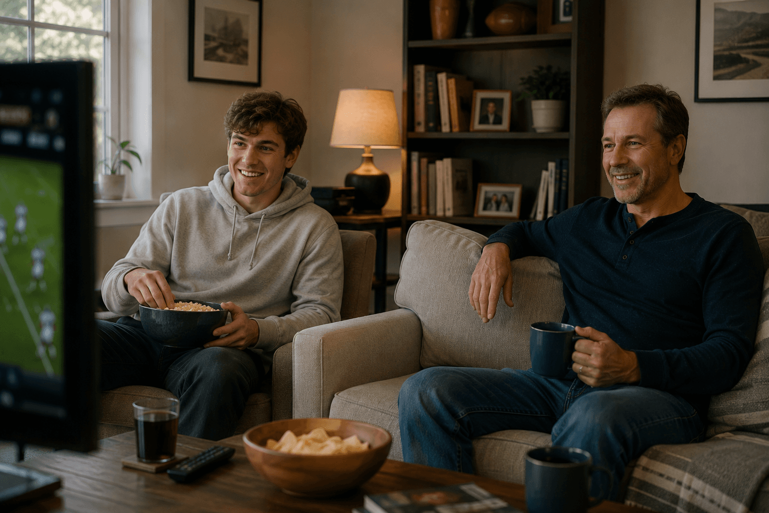 A father and son sharing an easy moment together at home